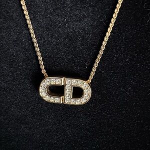 Christian Dior Gold Tone & Crystal CD Pendant Necklace - Vintage